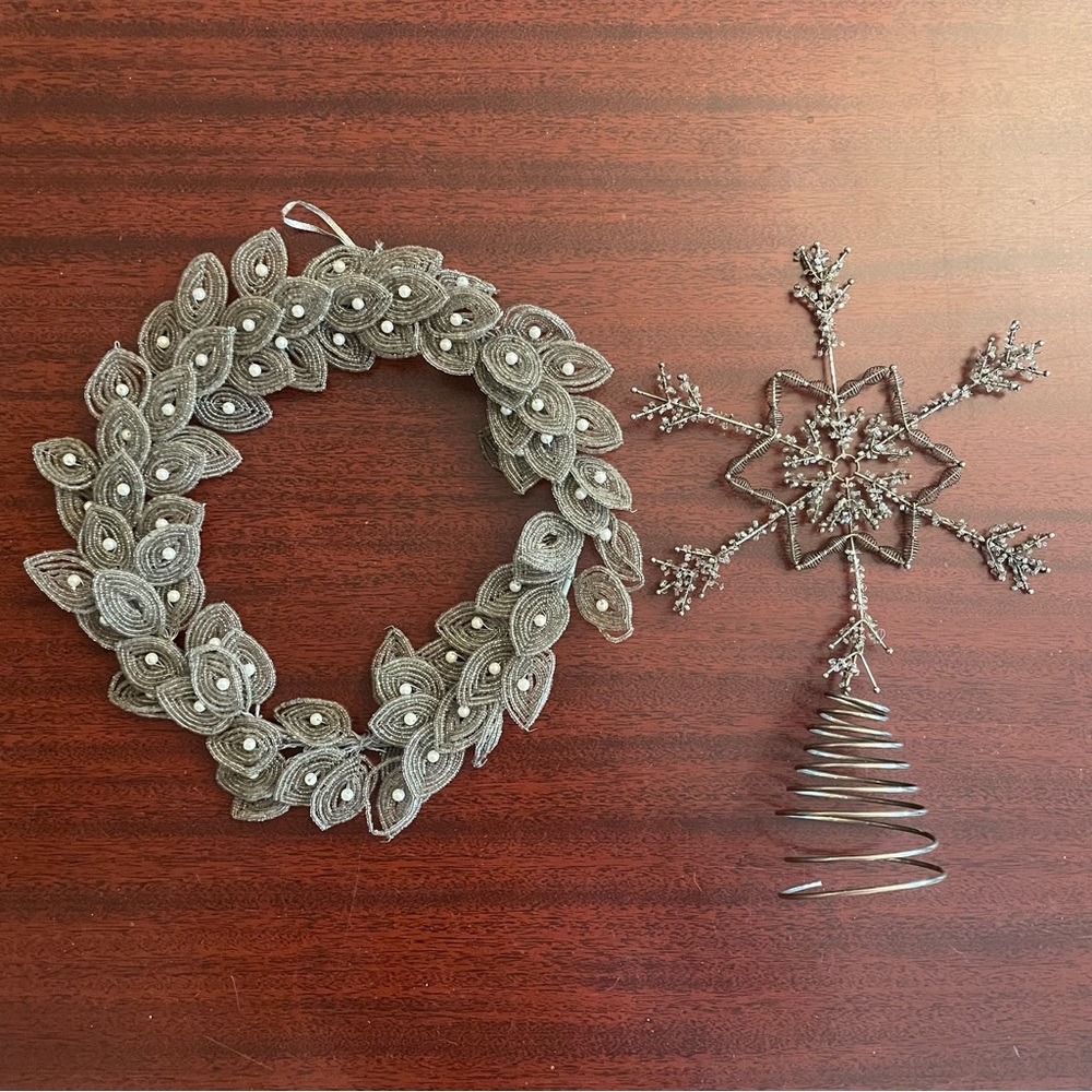 Vintage Silver Beaded Christmas Wreath and Tree Topper